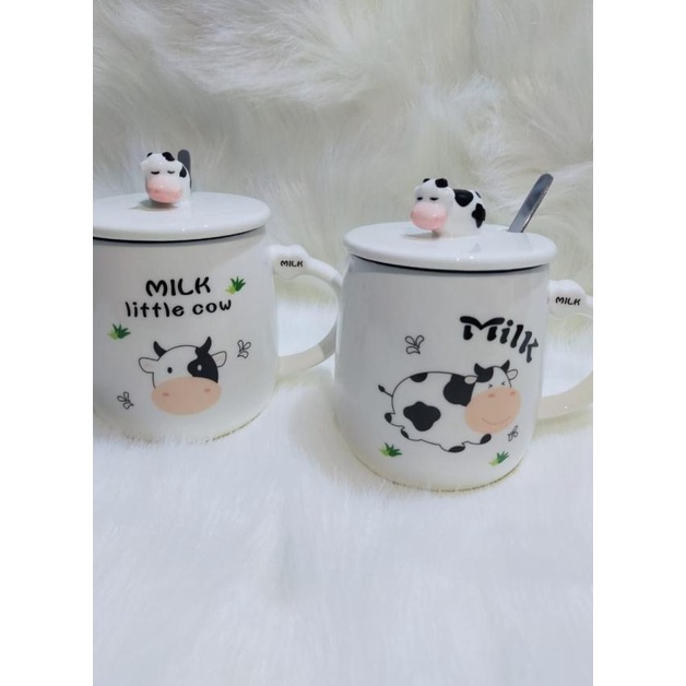 Gelas Mug Minum kopi Cangkir + tutup + sendok ceramic keramik Sapi Cow