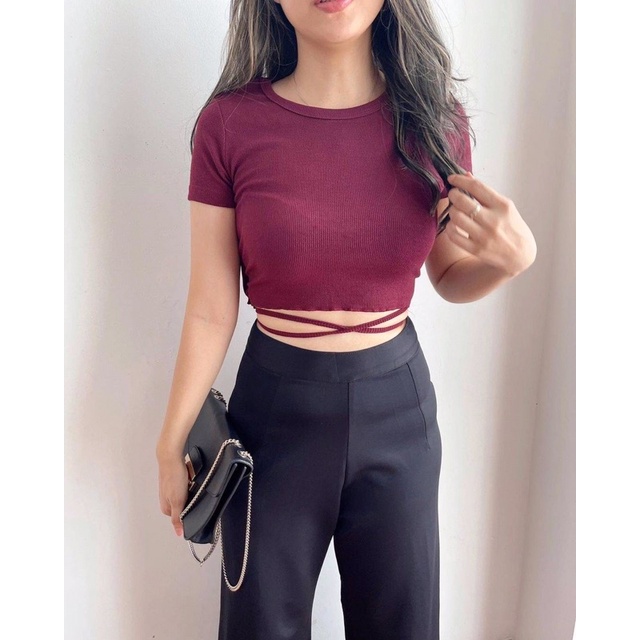 ATASAN WANITA KOREA CROP IMPORT PREMIUM KNIT RAJUT TALI PERUT CROP TEE KOREAN STYLE BANGKOK CHINA KE