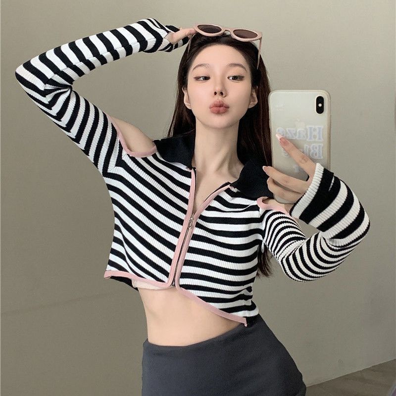 Red Hot girl off-the-shoulder rajutan cardigan top wanita musim gugur baru ramping polo kerah lengan panjang bergaris warna kontras pendek T-shirt