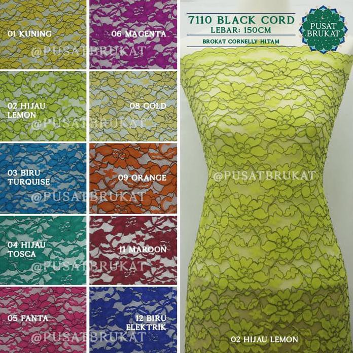 Kain Bahan 7110/10 Blk Cord - Kain Brukat / Brokat Cord Cornelly Hitam Per 0.5M - Kuning Berkualitas