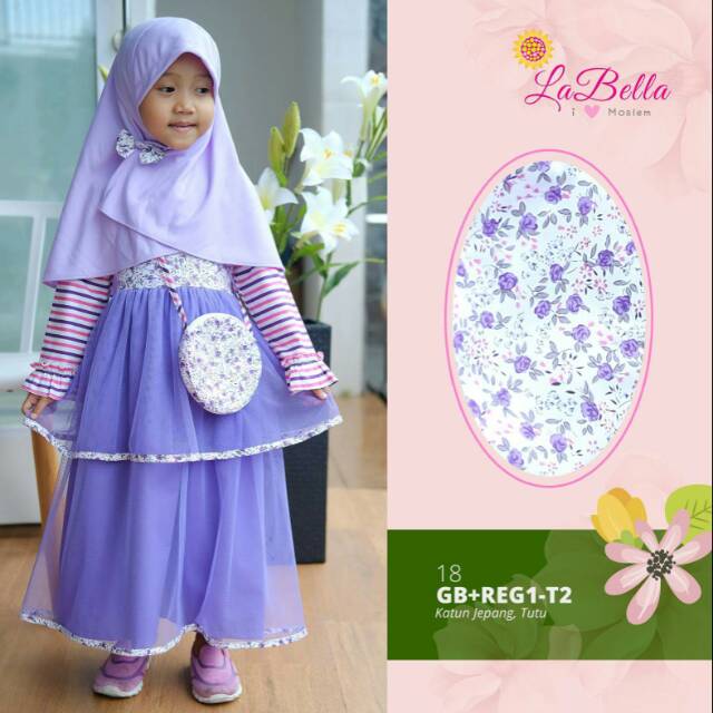 Labella Gamis Anak Perempuan Warna Ungu Usia 18-24 Bulan Gratis Tas Selempang Lucu Kerudung Anak Kao