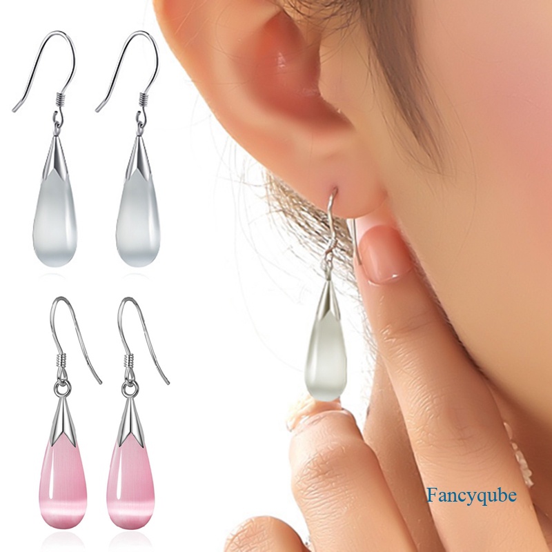 Anting Kait Gantung Wanita Plating Silver Hias Opal Cat Eye Gaya Bohoelegan Untuk Pernikahan