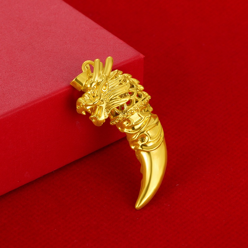 Kalung Emas Asli Kadar 375 Dengan Liontin Kepala Naga Gigi Serigala 3D Gaya Vintage