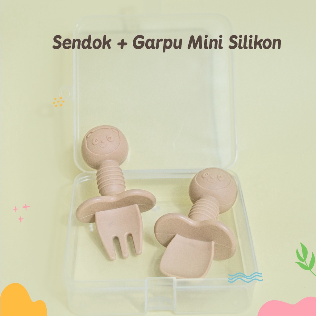 1 set sendok garpu + box silicon, silikon anti sedakSPOON / HIGH QUALITY FOOD GRADE BABY SILICONE SPOON / BABY TRAINING FORK &amp; SPOON/ BABY FEEDING SPOON SET  SILICONE TRAINING MINI SPOON And FORK PREMIUM SENDOK GARPU Makan Bayi Silikon silikon BPA Free Fo