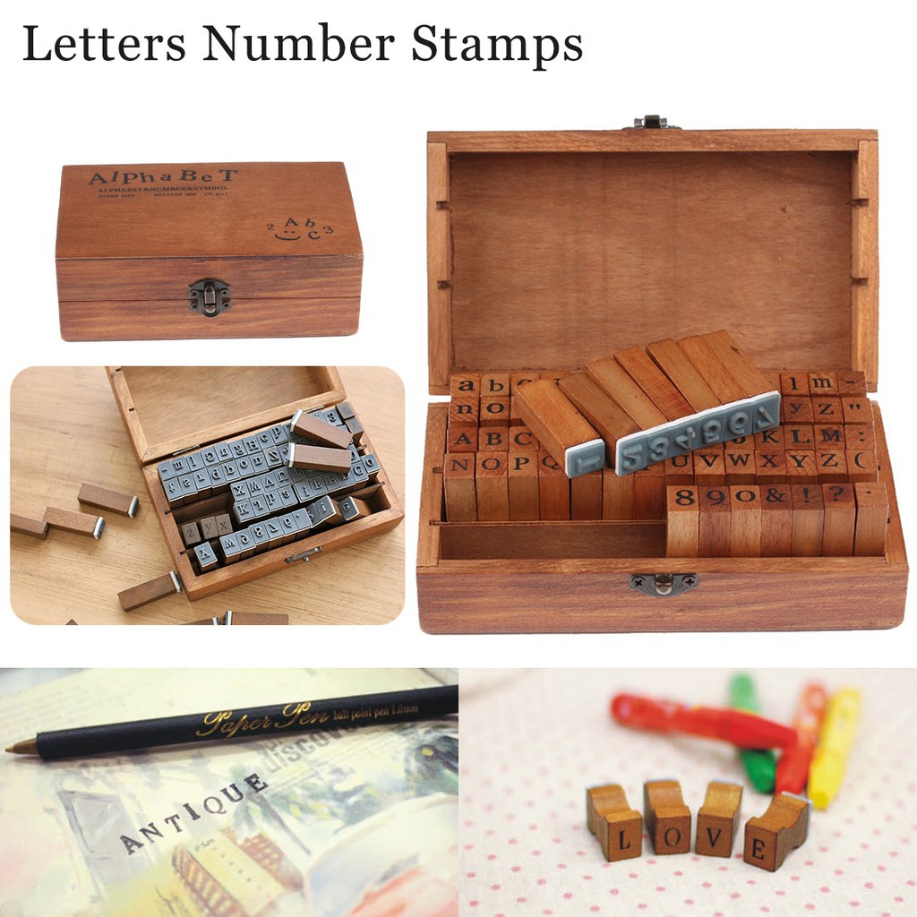 Set 70Pcs Stempel dengan Bahan Kayu  dan Gambar  Huruf 