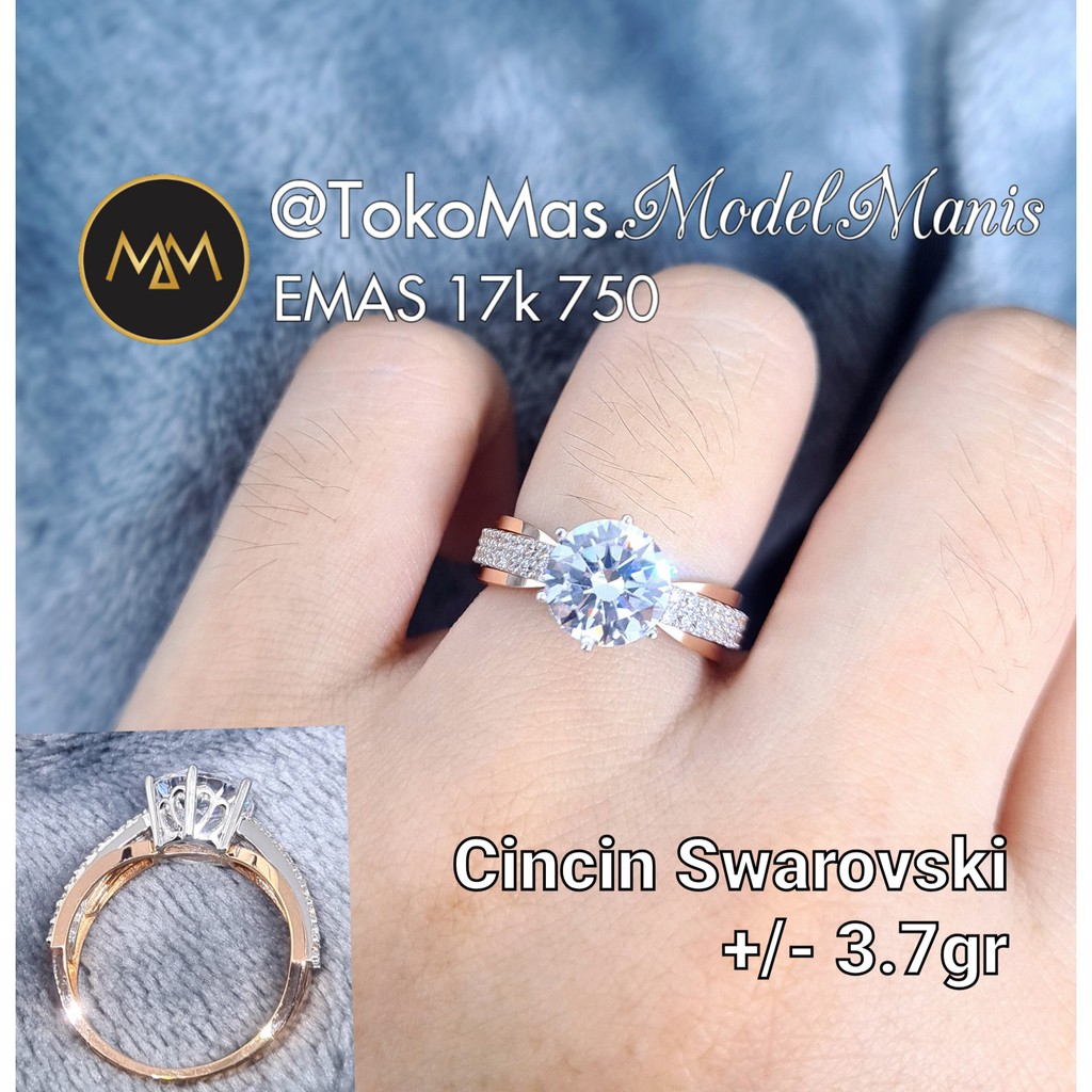 RB Cincin emas batu Swarovski diamond looks emas rosegold kombinasi emas putih 750 kadar 17k