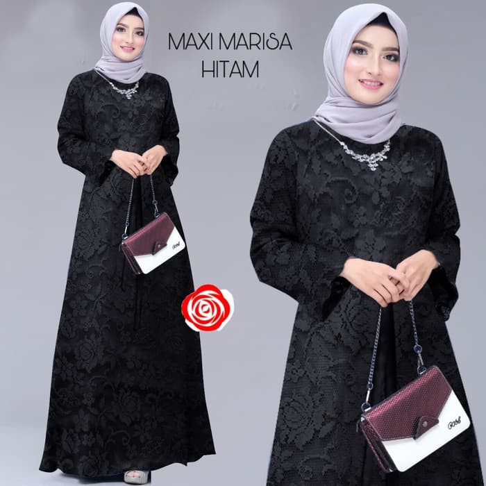 Gamis Brukat Simple Brukat Cornely Lapis Mutiara Bahan Kebaya Br WF538  Maxy Marisa Black