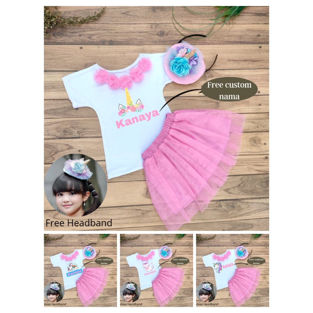 PROMO TERMURAH‼️Setelan skirt tutu sablon free bando unicorn