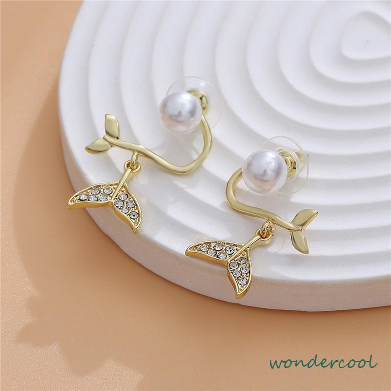 Pearl Fishtail Back Hanging Earrings Wanita High-end Cahaya Mewah Penuh Berlian Anting Geometris-Won