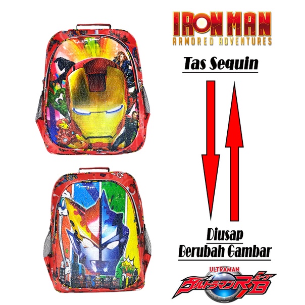 TAS RANSEL SEQUIN / USAP 2 GAMBAR KARAKTER IRON MAN - ULTRAMAN ANAK SEKOLAH TK / SD