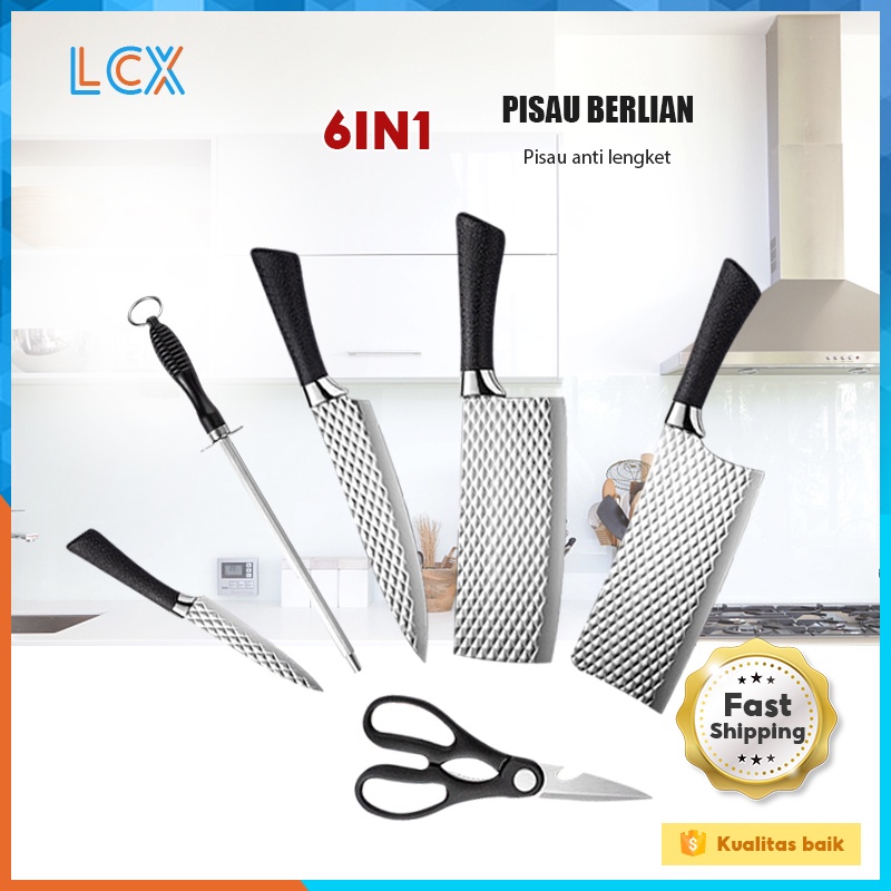 LCX 6 in 1 Set Pisau Daging Persegi Stainless Steel Anti Karat Serbaguna Diamond Pisau