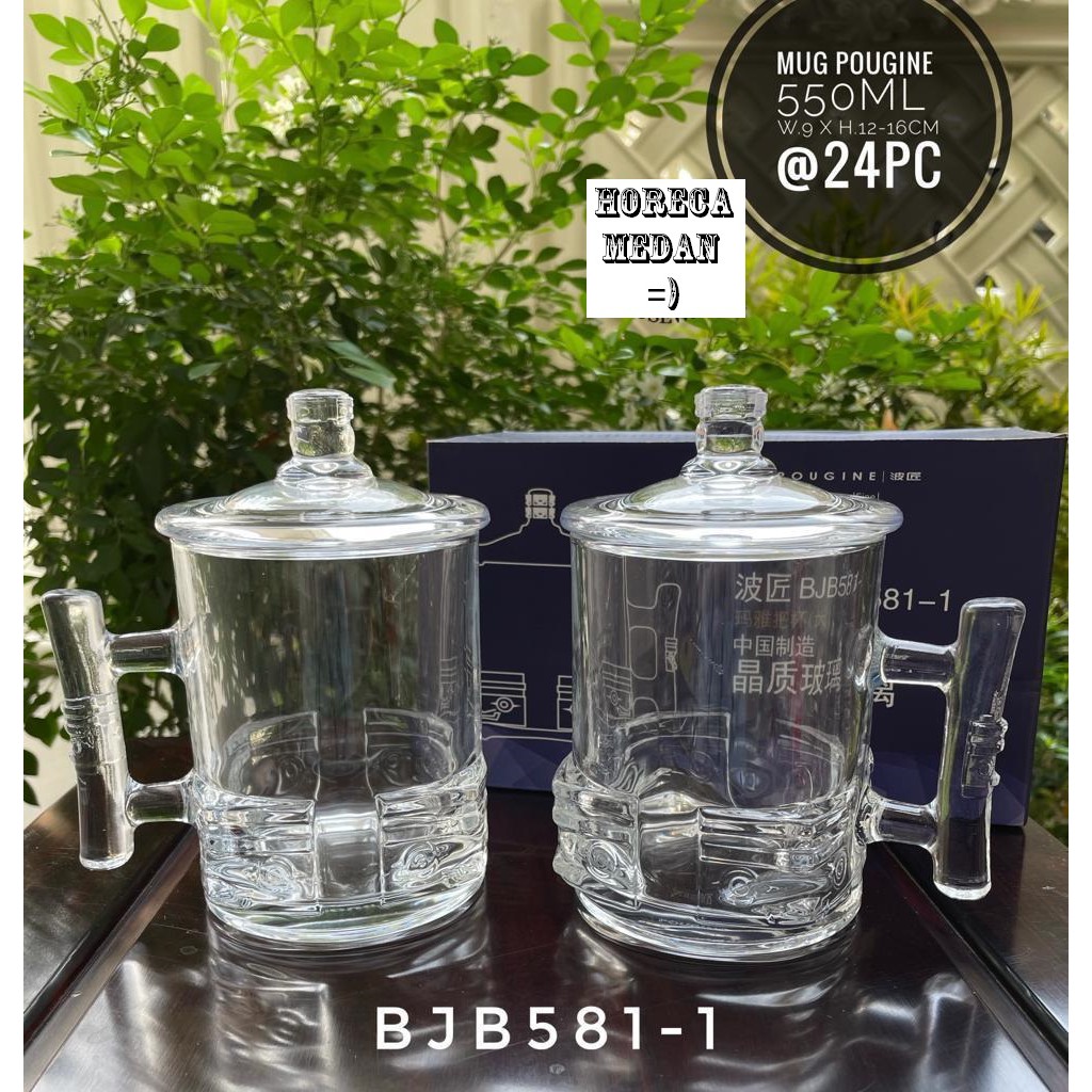 2pc Gelas Kaca Jumbo / Mug kaca jumbo Pougine kristal bertutup 550ml