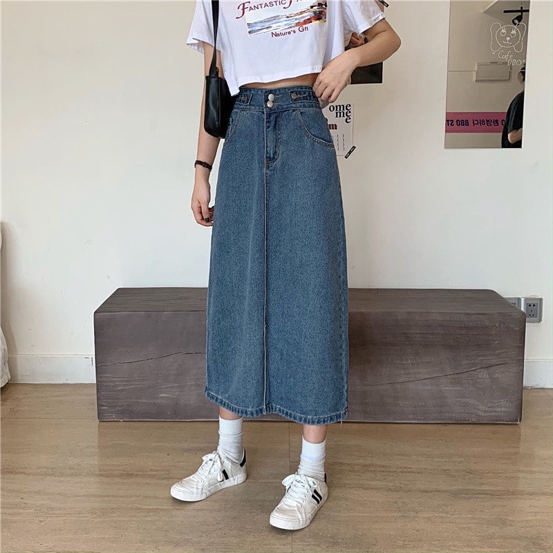 Korean Style Rok Pendek Jeans Wanita /Denim Pinggang Tinggi Rok Panjang