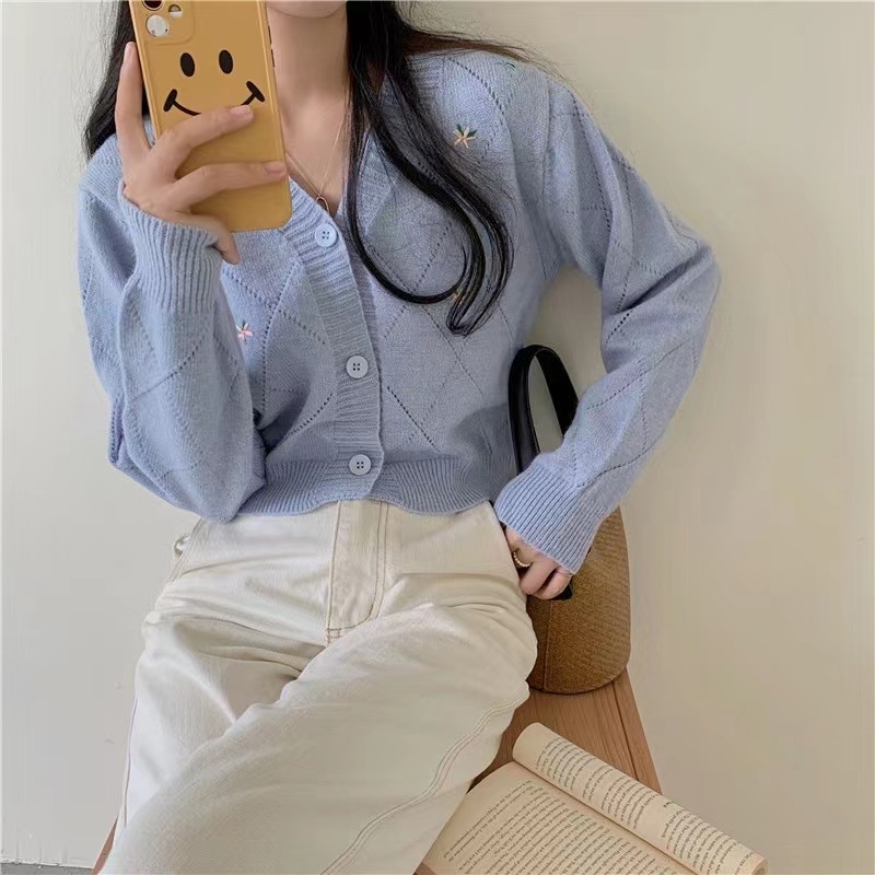 Monica Cardigan Rajut Blossom Motif Bunga Import/Cardigan Korean Style Crop Pink Merah Biru Putih