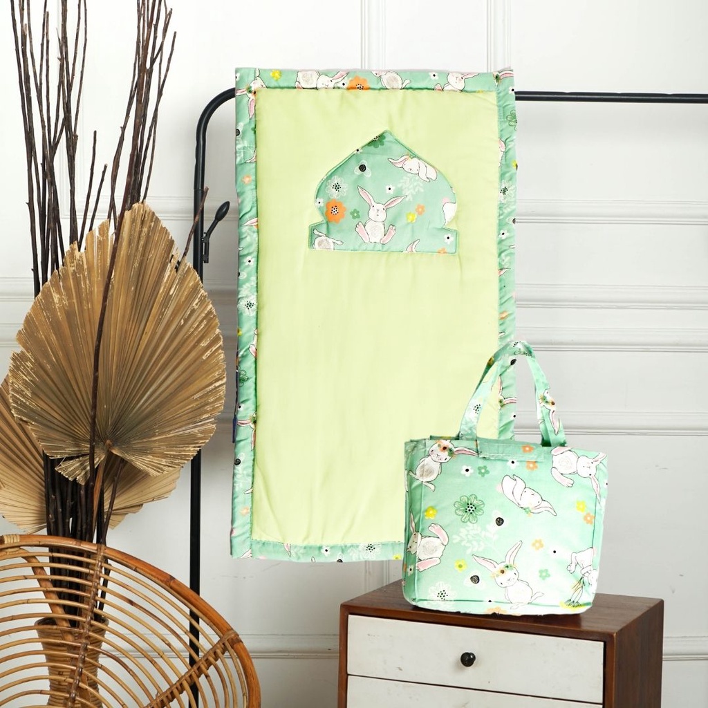 Sajadah Anak + Tas Karakter / Sajadah Anak Motif / Sajadah Anak Tebal 51 x 91-Rabbit Green