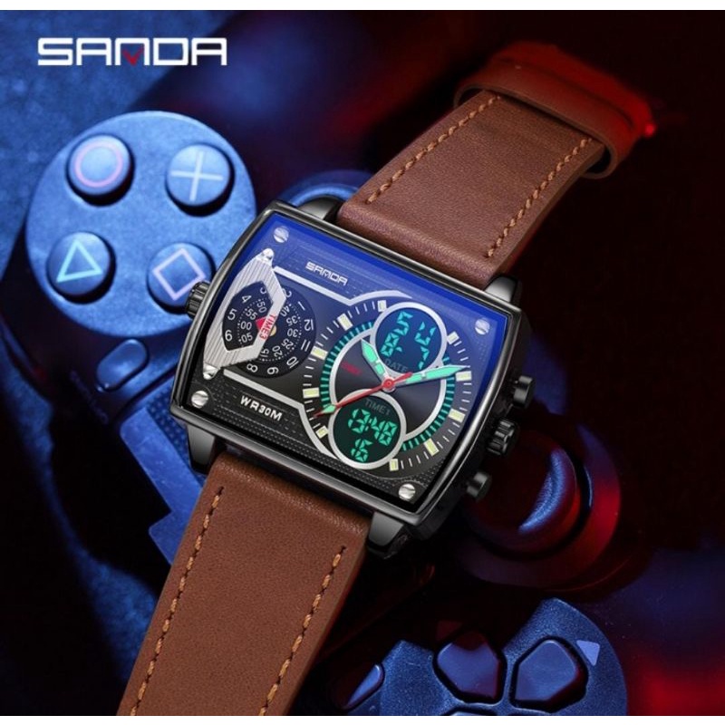 Jam Tangan S6032 Jam Tangan Pria Digital Analog Tali Kulit 3 Time Zone Display LED