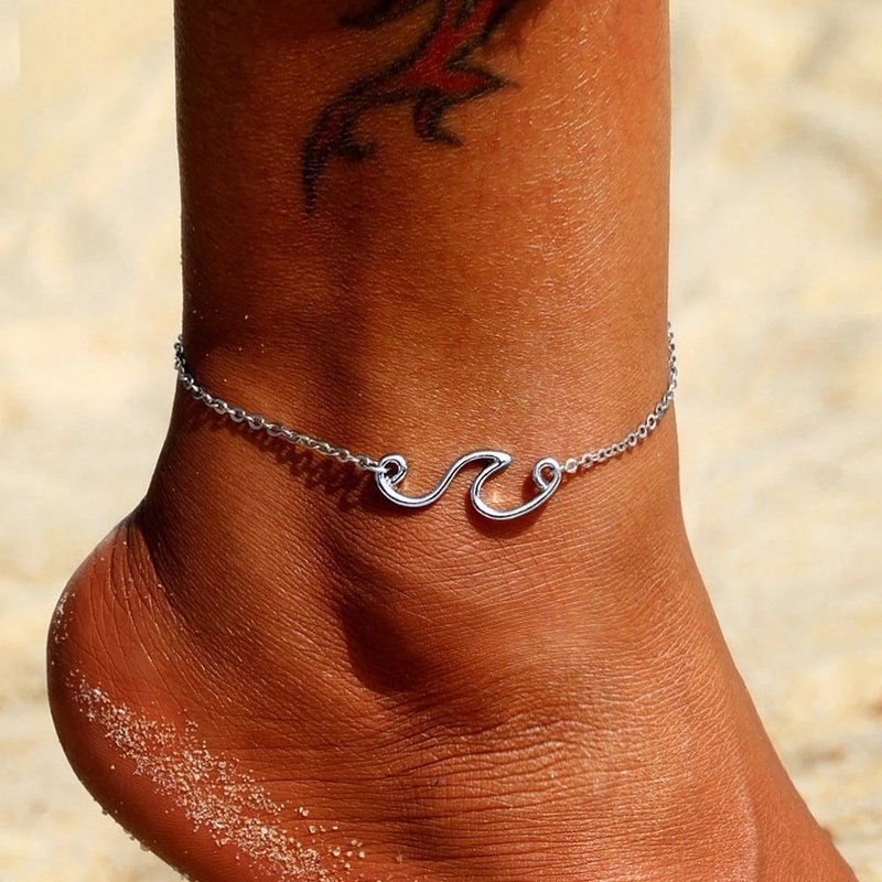 2pcs Gelang Kaki Rantai Wanita Desain Gelombang Whale Tail Untuk Musim Panas