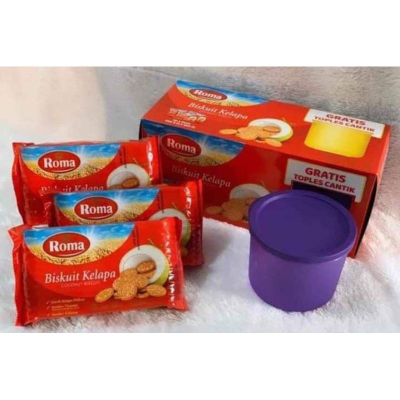 Paketan Roma Kelapa biskuit 3pack + free toples , biskiut roma kelapa 3 bungkus free toples