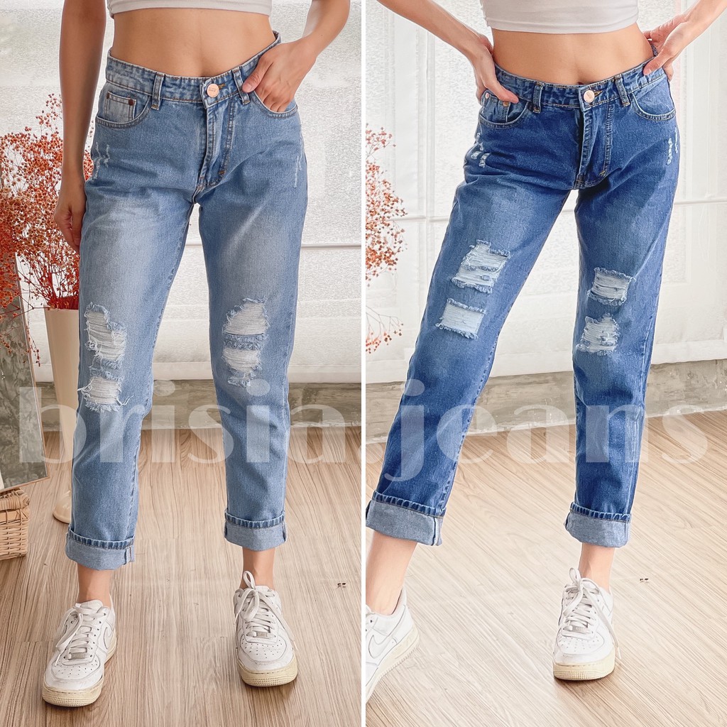 [SIZE 27-30] JILLY Boyfriend Ripped - 2 WARNA / Celana Jeans Wanita Sobek Lapis Furing