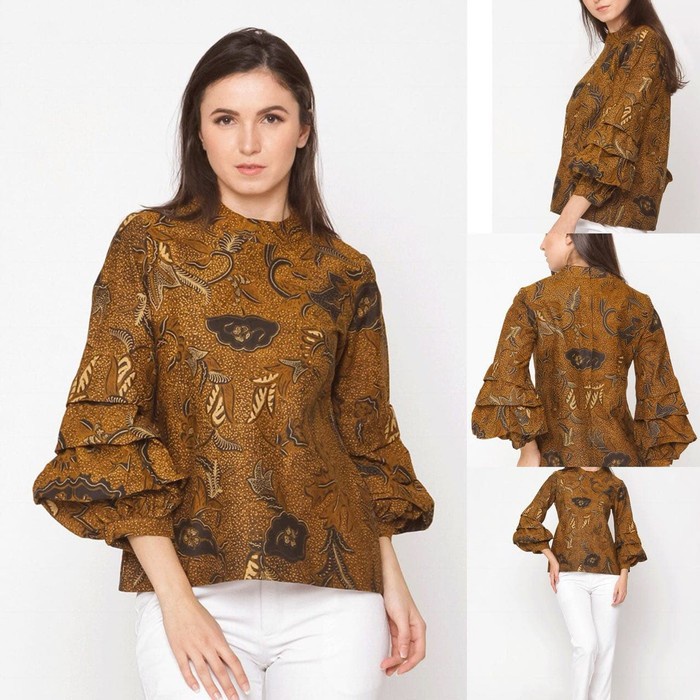 Baju Blouse Atasan Batik Wanita Modern Nona Rara, Keropi Sogan T0150 - XXXL