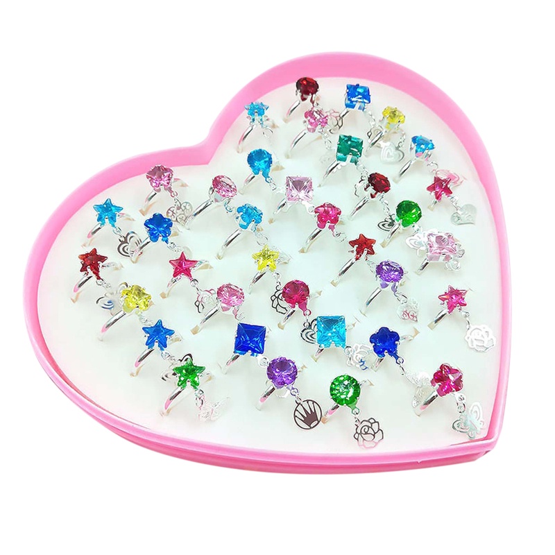 Siy 12 / 36pcs / Kotak Cincin Alloy Adjustable Motif Kartun Hati Untuk Anak Perempuan / Pesta Ulang Tahun