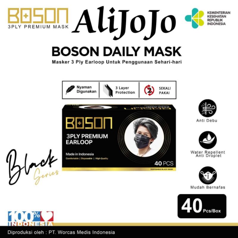 BOSON Black Series Premium Masker Earloop 3 Ply Non-Medis Isi 40 Pcs - Hitam