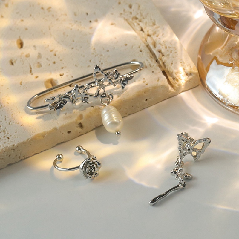 3pcs / Set Anting Stud Desain Kupu-Kupu Mutiara Warna Silver Gaya Vintage Korea Untuk Wanita