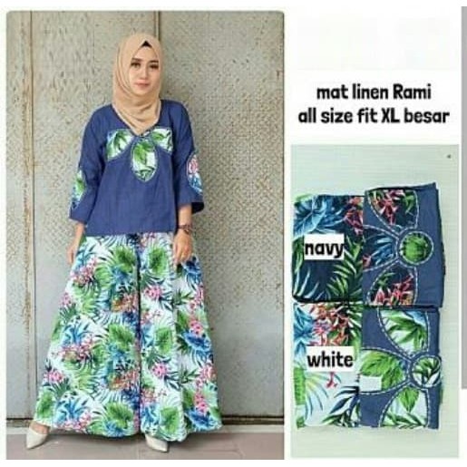 Jual- Setelan Kulot (M - Fit L) BEMI - Katun Rami Impor - Blue White Murah dan Bagus