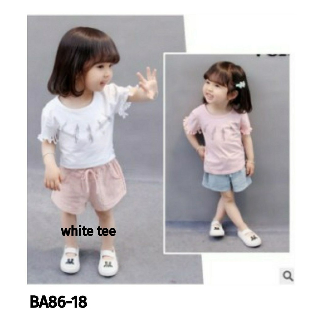 SETELAN BABY WHITE FEATHER TEE PINK PANT SET BA8618