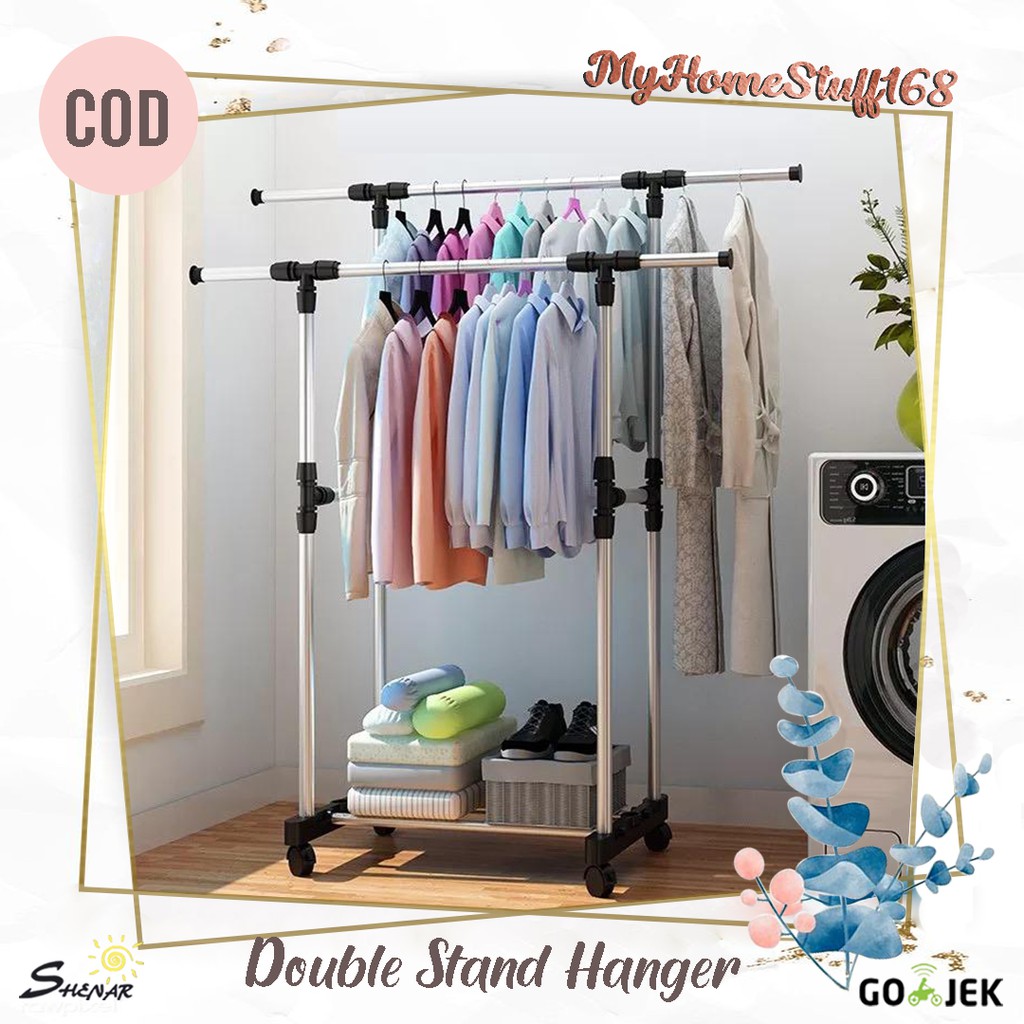 SHENAR DOUBLE STAND HANGER GANTUNGAN BAJU RAK SERBAGUNA 4 RODA