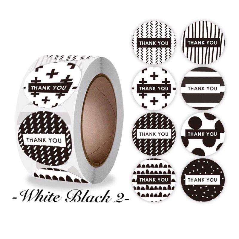 Stiker lebel motif bulat thank you / tempelan stiker tulisan thanks you isi 100 pcs-White black 2