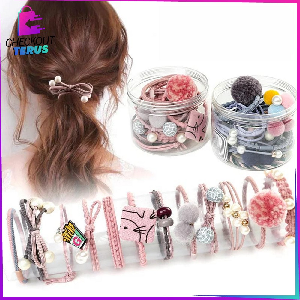 CT C13 Ikat Rambut Korea Pearl Mutiara Pita 12 PCS Karet Rambut Wanita Lucu Aksesoris Rambut Wanita Korean Style