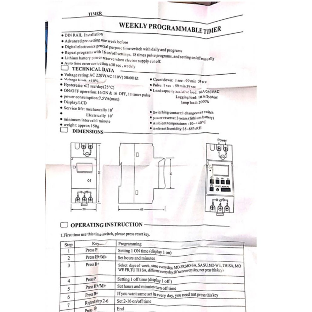 Weekly Digital timer TP8A16 220VAC