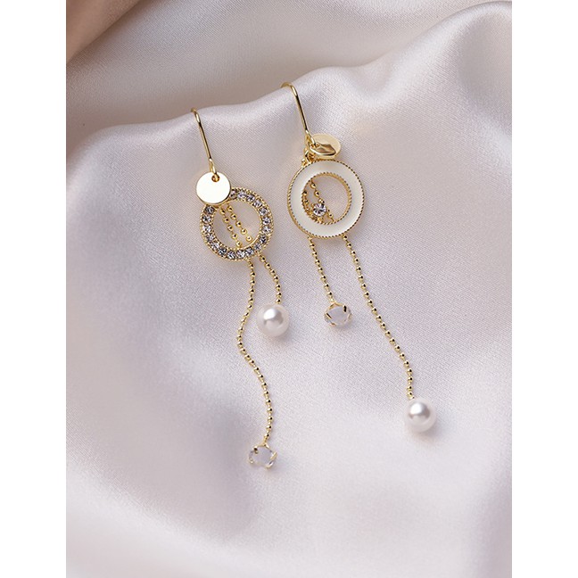 LRC Anting Tusuk Fashion White Diamond Drop Oil Circle Pearl Tassel Long Earrings P22323