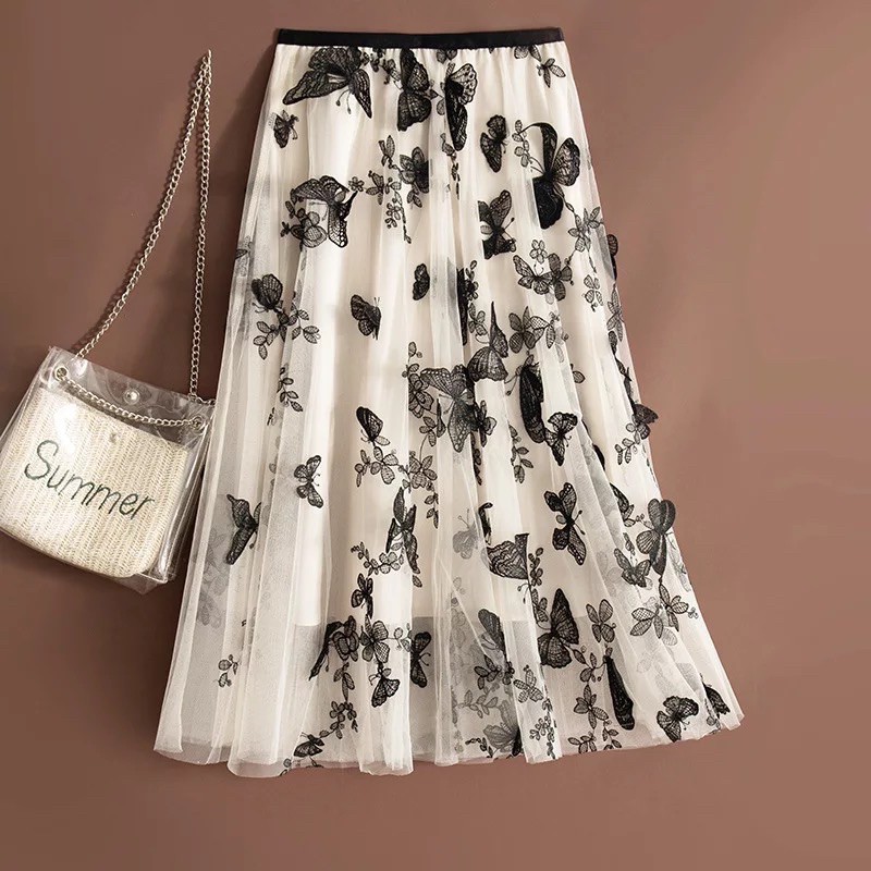 Rok Tutu Kupu Kupu 3D Timbul Panjang / Tutu Maxi Skirt Import ButterFly Embroidery - Katlyn Shop-Kupu 3D - Mocha