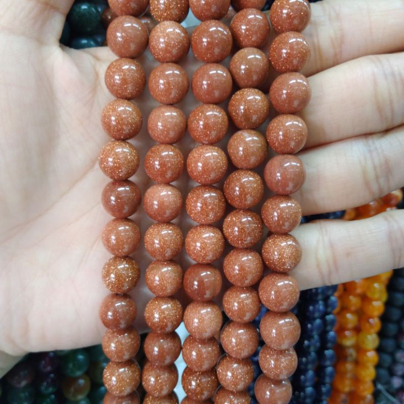 Manik Manik Gelang Batu Alam Bulat Pasir Emas Coklat Ukuran 10mm