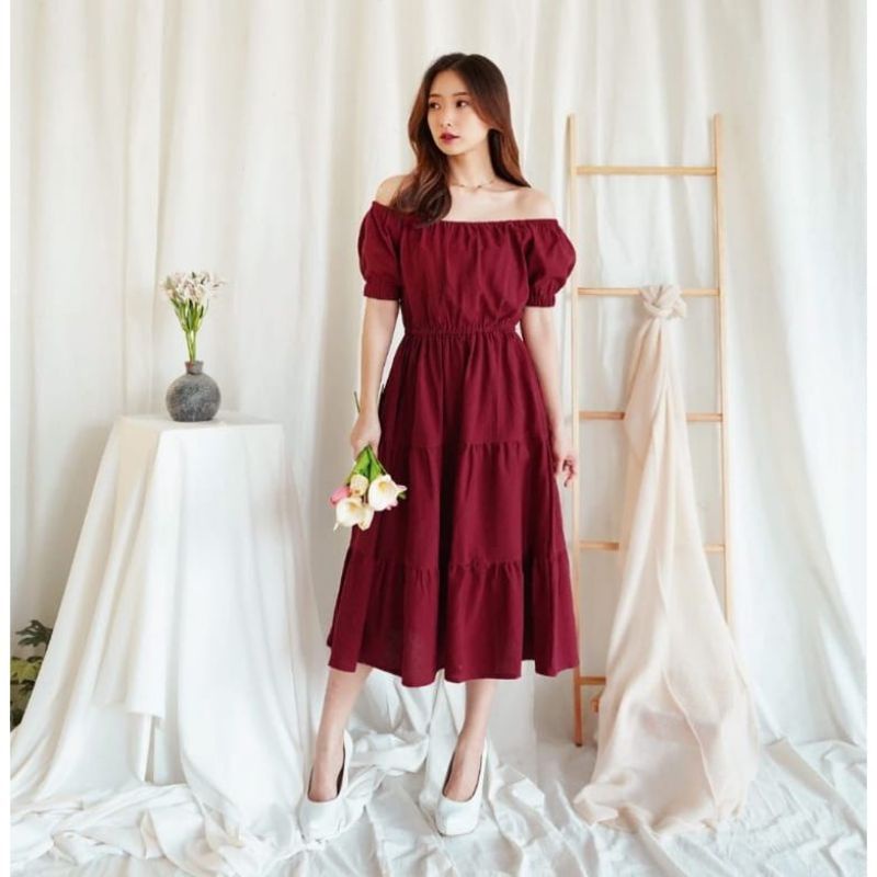 DDC9634 - Nonna Ruffle Midi Dress  bahan Cotton linen HQ