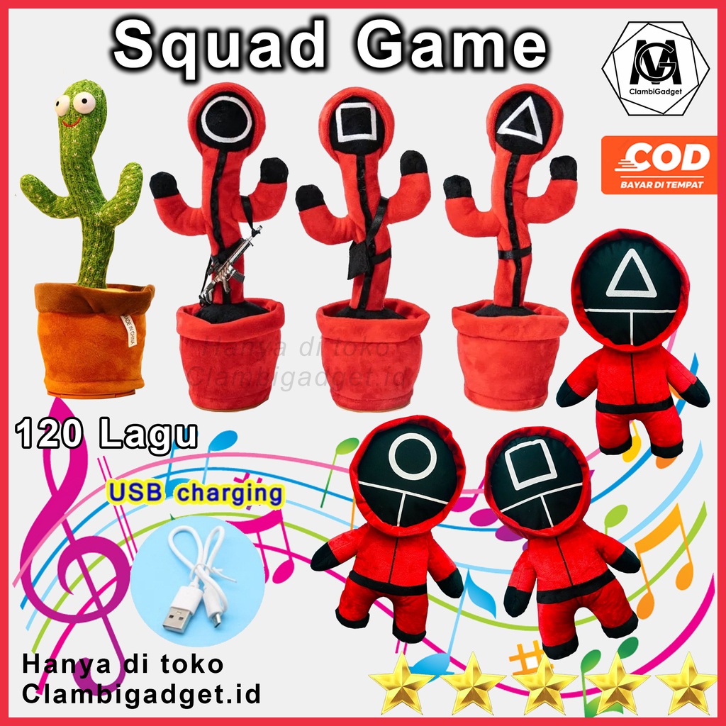 Boneka Cactus Kaktus Boneka Squid Game Joget Goyang Dancing Singing Mainan Anak Recorder Toys Jepang