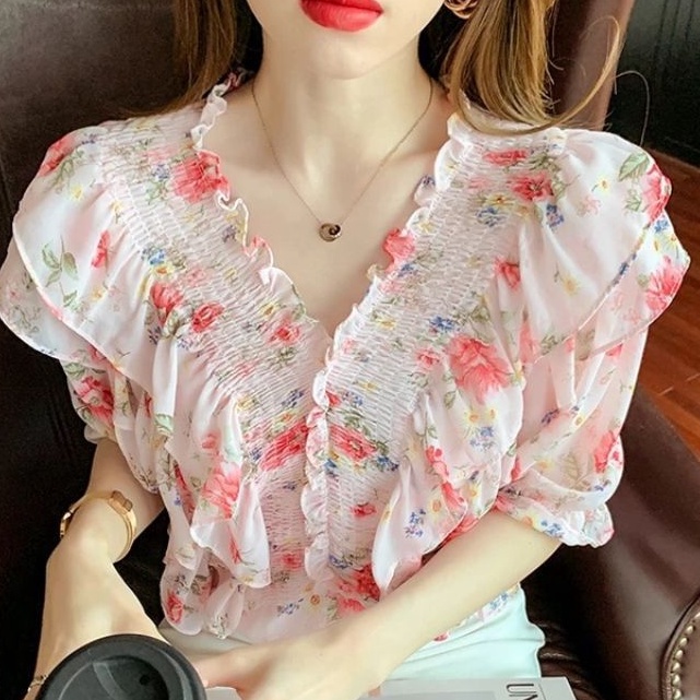 2433 Baju blus blouse kemeja Atasan pakaian lengan pendek motif bunga kerah bisa Sabrina rempel sifo