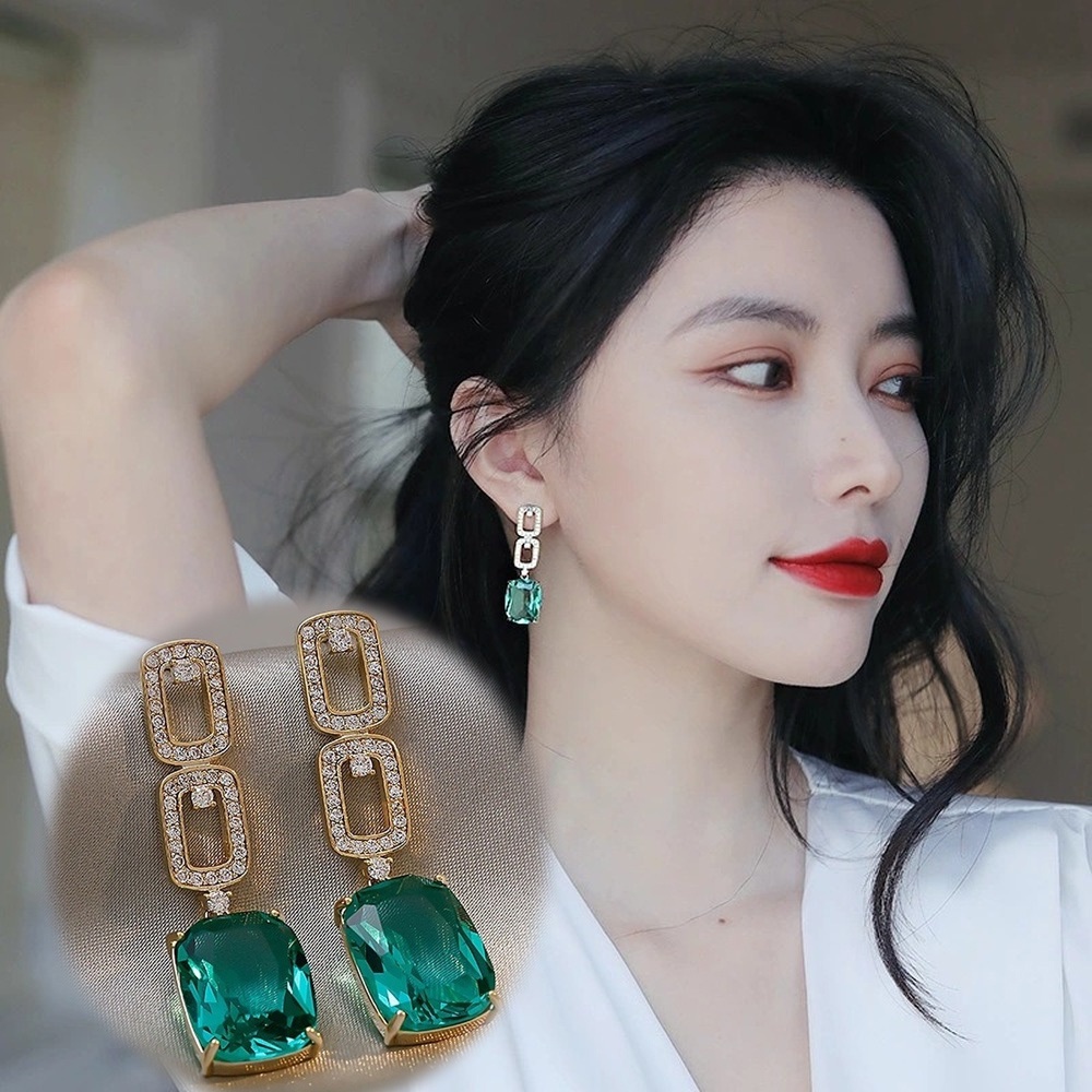 Anting Tusuk Gantung Desain Geometri Hias Zamrudberlian Gaya Koreaeleganvintage Untuk Wanita