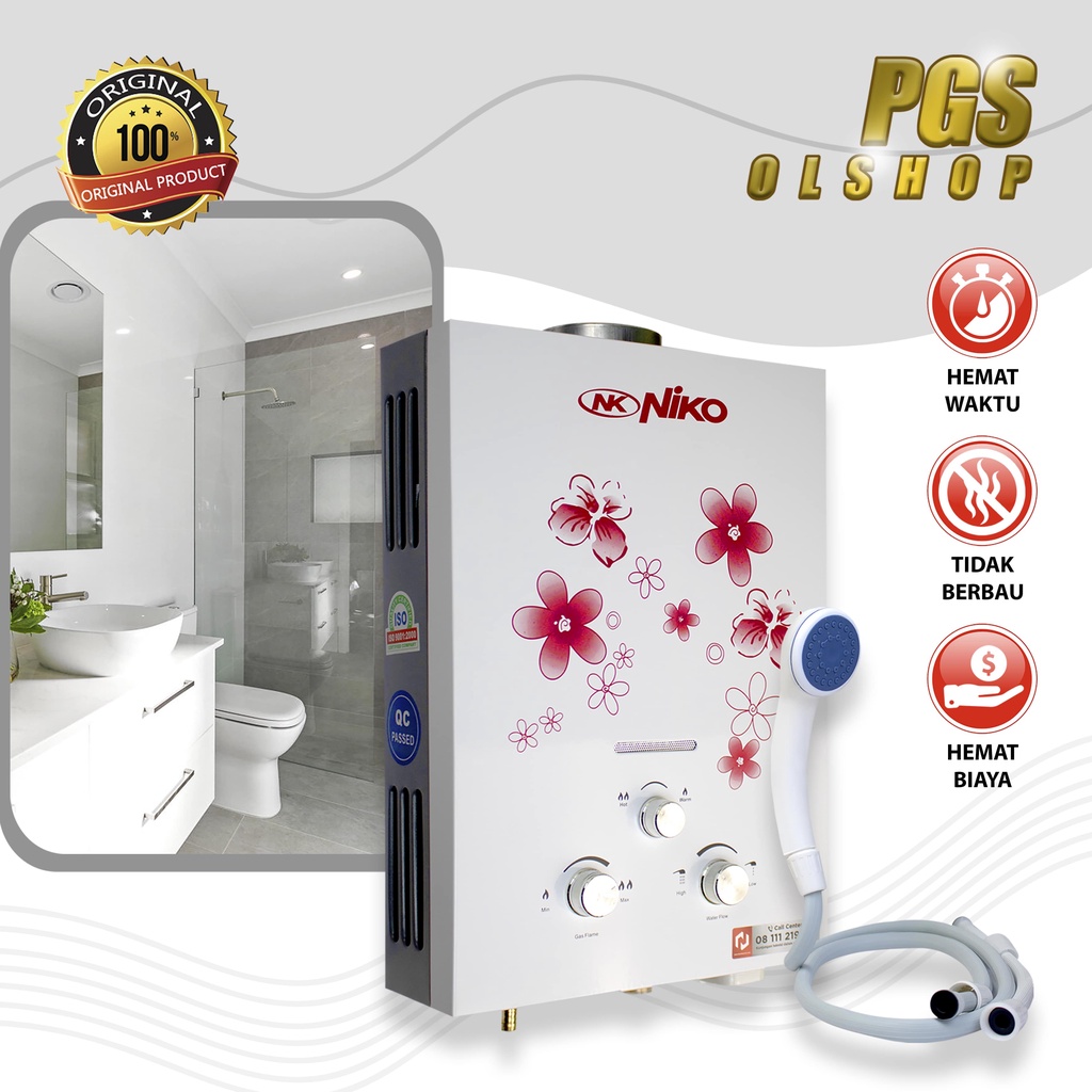 Paket Komplit Water Heater Gas - Pemanas Air Kamar Mandi Tanpa Listrik Niko Putih