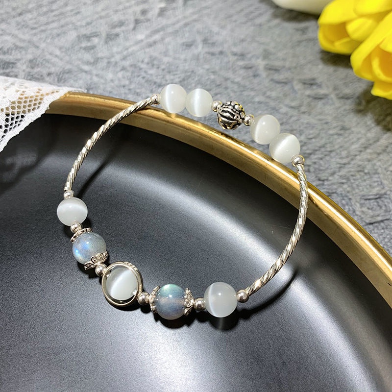 Gelang Tangan Silver Antik Hias Batu Opal Moonstone Untuk Pria Wanita