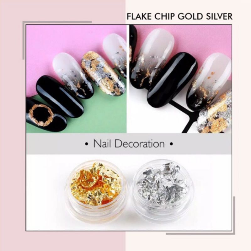 2pcs jar flake chip foil aluminium gold silver hiasan kuku