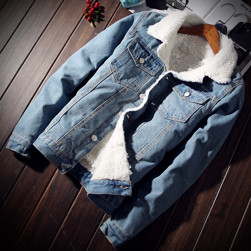 Kasmir Jaket Denim Pria  Bulu Berlapis Tebal  Pemuda Kapas  Katun Mantel  Pria  Jaket