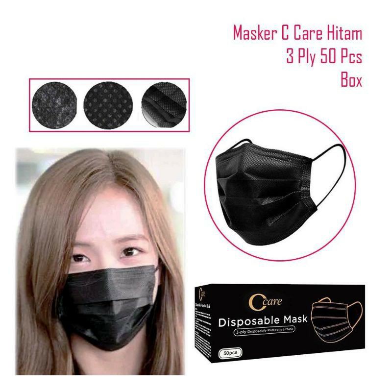 Masker Earloop 3 Ply Hitam DISPOSABLE