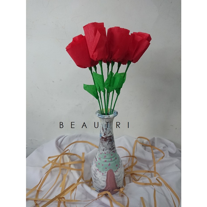 Bunga Mawar Pink / Merah Imitasi Dari Kertas Krep Bukan Flanel Untuk Dekorasi Rumah Kantor Gedung Bisa Sebagai Souvenir (order minimal 10pcs)