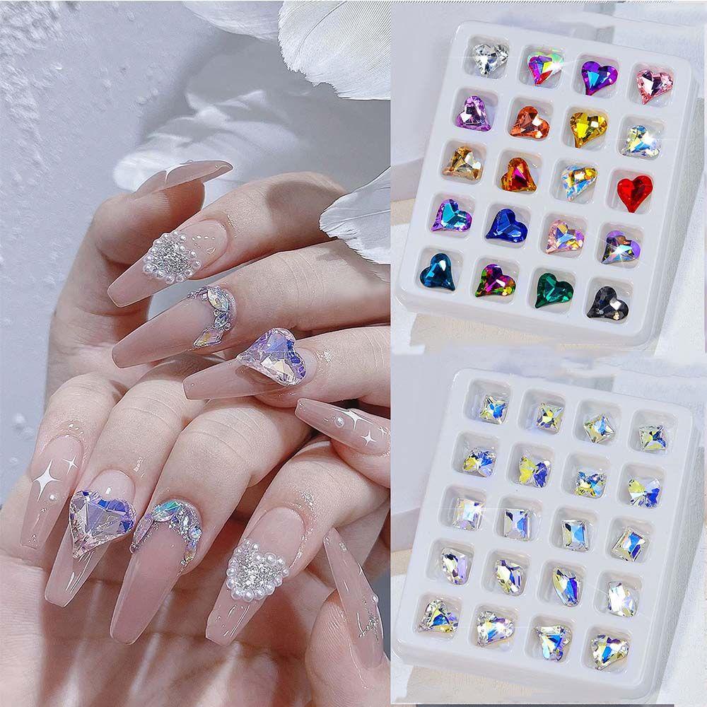 Needway 3D Perhiasan Nail Art Manis Mengkilap Runcing Bawah Permata Gaya Jepang Transparan Manicure Hati Bengkok Bentuk Tidak Teratur Pesona Kuku