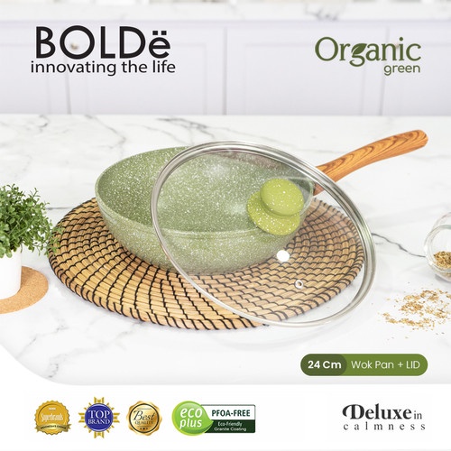 BOLDE wok pan organic green 24 cm + tutup kaca GRANITE SERIES