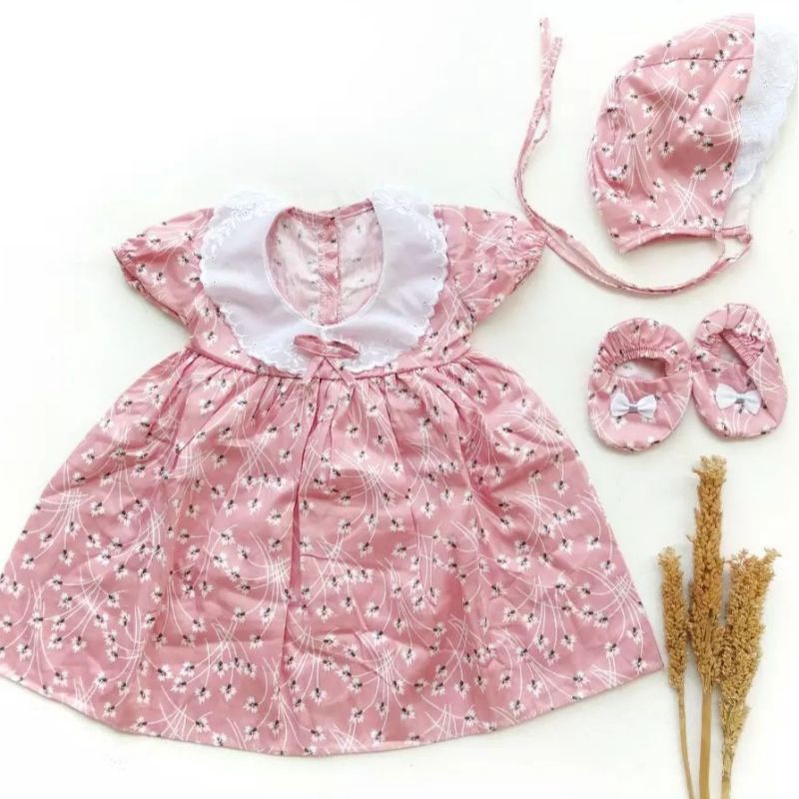 Dress bayi 0 6 12 bulan set sepatu bandana / bonnet Setelan Baju bayi Perempuan 100% Katun SNI Pakaian anak Cewek-0-6bln bonnet pink