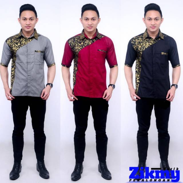 Kemeja Batik Pria Kombinasi Kain Polos